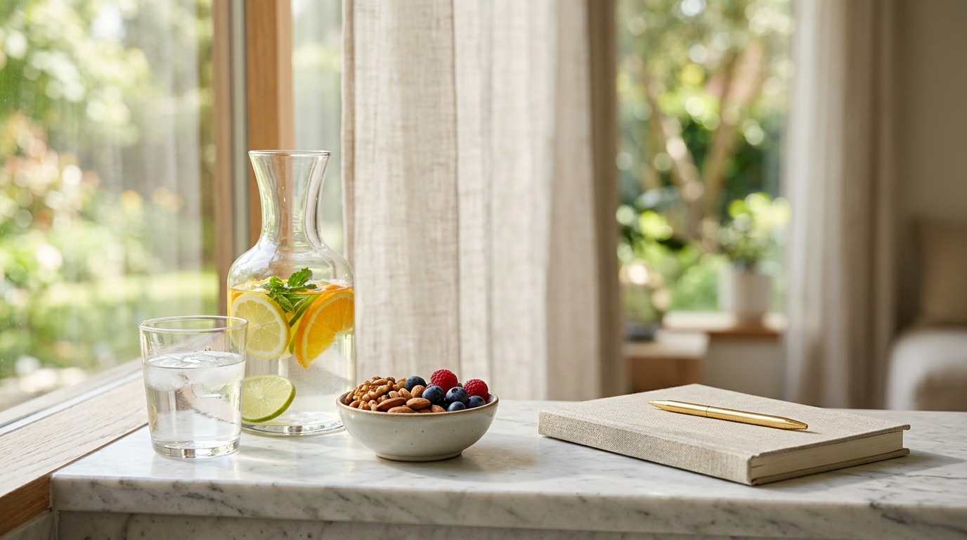 Soft daylight wellness still life with water, whole foods, and journal